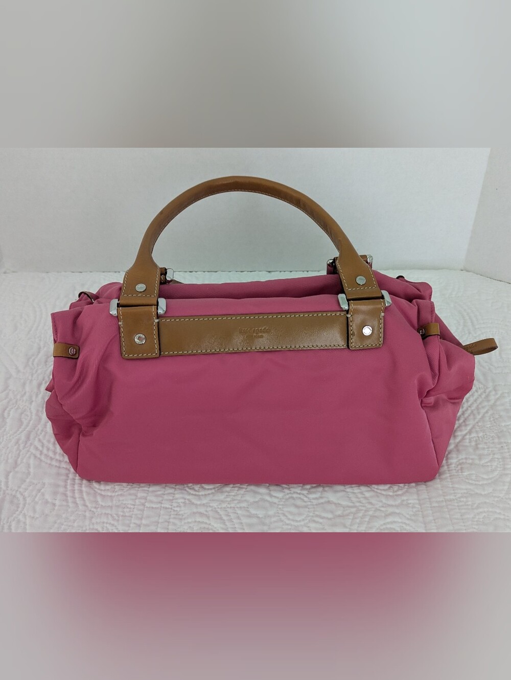 kate spade Hot Pink Medium Travis Nylon Satchel with Tan Leather Handles